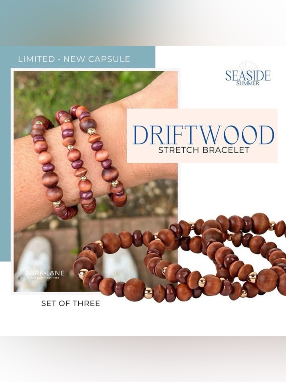 Park Lane DRIFTWOOD Bracelet Set of 3 stackable stretch wooden gold charms
 NWT